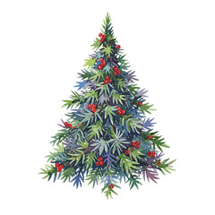 Fototapeta premium Watercolor Christmas Tree Illustration with Red Berries and Snowflakes, Festive Winter Holiday Evergreen Design Element
