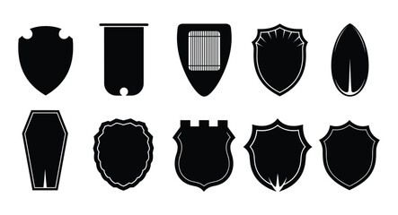 Collection of black shield shapes, various heraldic emblems, and security protection icons