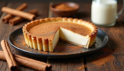 Gourmet milk tart dusted with cinnamon, sliced on a dark plate. Rustic table setting includes milk and cinnamon sticks. Sweet food dessert baking concept. Delicious confectionery. Cozy cuisine.