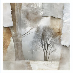 Bare winter trees in misty landscape with torn paper collage texture