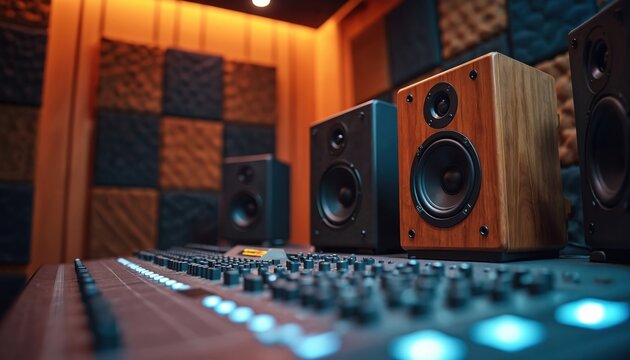 Professional audio studio setup with speakers. Modern mixing console close up with audio equipment. Recording studio technology. Sound design and music production environment. - Powered by Adobe