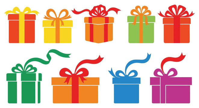 Collection of colorful wrapped gift boxes with ribbons and bows for celebrations and holidays