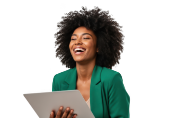Joyful african american woman with curly hair wearing a green blazer holding a document isolated on transparent background