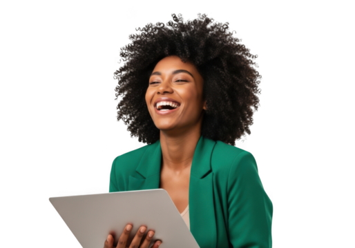 Joyful african american woman with curly hair wearing a green blazer holding a document isolated on transparent background