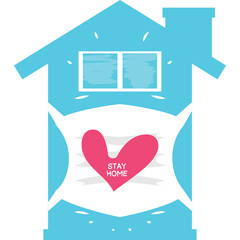 Cyan house shape overlaying a pink heart with Stay Home text on a transparent background graphic illustration
