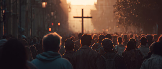 Crowd street sunset cross silhouette urban soft light moody scene stirring