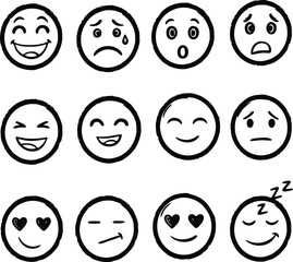 Collection of hand drawn smiley face emoticons expressing various emotions