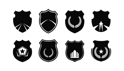 Collection of eight police and security badges with different emblem elements like laurel and star