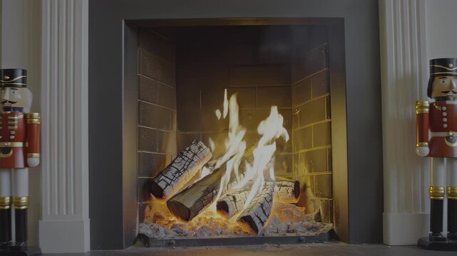 Festive nutcrackers guard a crackling fireplace ablaze