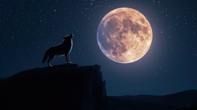 Black wolf standing on cliff edge at night with full moon and starry sky in background, wilderness and nature concept.