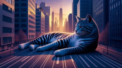 Giant sleeping cat at sunset in modern city skyline