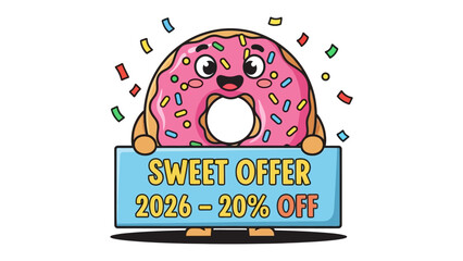 Sweet Deal Delight: An appetizing donut, beaming with joy, presents a 'Sweet Offer', promising a tempting discount on a tasty treat.