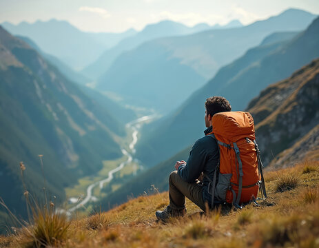 Man with orange backpack rests on mountain slope. Views vast valley with river below. Green hills fade into blue sky distance. Enjoying peaceful scenery. - Powered by Adobe
