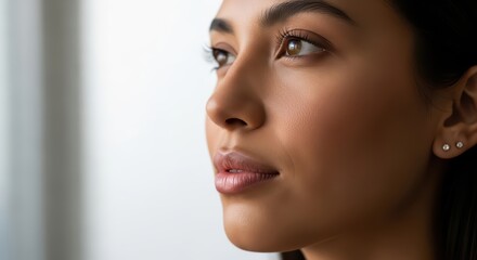 Fototapeta premium Young hispanic female with soft expression facing sideways
