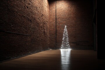 A contemporary interior with a textured brick wall, contrasting black metal details, and a simple Christmas tree illuminated by soft, inviting lights