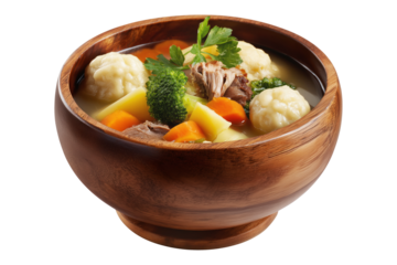 Hot meat pork soup with vegetables and doughboys dumplings in wooden bowl, isolated on white transparent background, concept of New Zealand cuisine