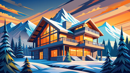 A breathtaking modern luxury chalet in Aspen, Colorado, surrounded by snow-covered pine trees and mountain peaks glowing in the sunset light. A dream winter getaway exuding warmth, elegance