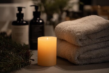 A serene bathroom scene with a warm candle glow, natural skincare products, soft towels, and pine branches adorning the space for a cozy holiday vibe