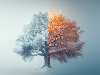 Split tree showing stark contrast between winter frost and autumn foliage