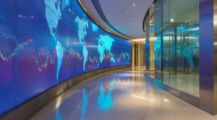 Curved digital wall, world map, stock chart, blue light, modern hallway, glass reflection