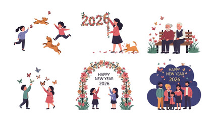 New Year 2026: A set of scenes celebrating the arrival of the New Year 2026, offering diverse glimpses of joy, connection, and anticipation.