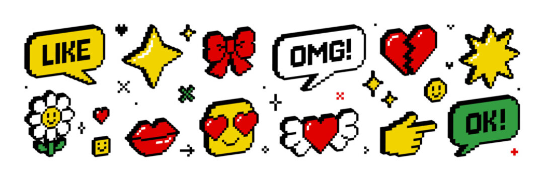 Pixel 3d isometric icon and sticker set. 8 bit retro game style. Y2k trendy vector illustration of heart cursor hand flower speech bubble character sparkle star etc. Social media and chat elements.
