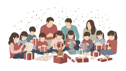Joyful Gift Unwrapping: A heartwarming family scene unfolds as parents and children gather to unwrap a plethora of gifts, each face illuminated with delight and anticipation. 