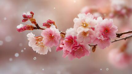 Pink cherry blossom branch with snow and soft bokeh background