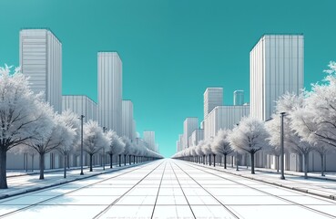 Wireframe city street with minimalist buildings and snow covered trees. Clean architectural plan perspective view with grid lines on road and pathway. Futurism concept.