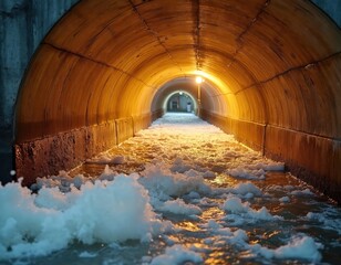 Industrial tunnel flooded with turbulent water. Bright orange lighting illuminates rushing flow within concrete pipe structure. Powerful current moves through channel creating dynamic texture,