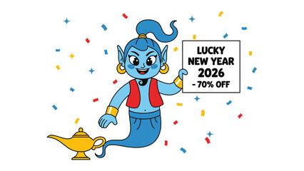 Genie's New Year Wish: A whimsical genie emerges, extending an invitation for a Lucky New Year 2026 with a generous 70% off, accompanied by a scattering of celebratory confetti and a magic lamp.