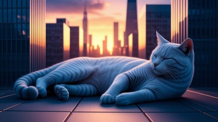 Giant sleeping cat at sunset in modern city skyline