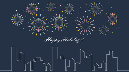 Fireworks exploding over city silhouette. Happy Holidays greeting banner. Festive template with night background, colorful flashes, confetti and congratulatory text. Vector graphic