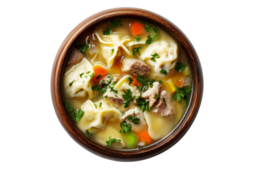 Hot meat pork soup with vegetables and doughboys dumplings in wooden bowl, isolated on white transparent background, concept of New Zealand cuisine