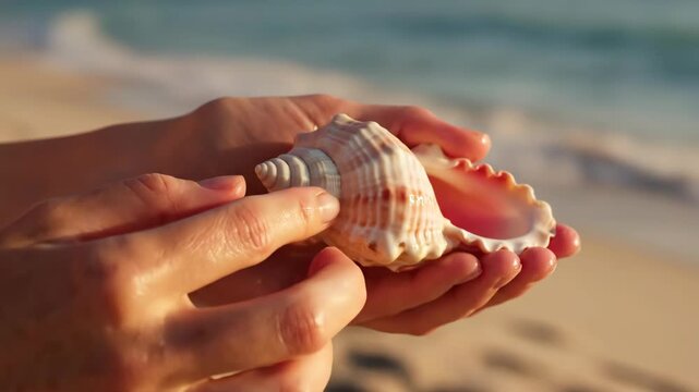Cupped human hands holding spiral seashell near ocean surf