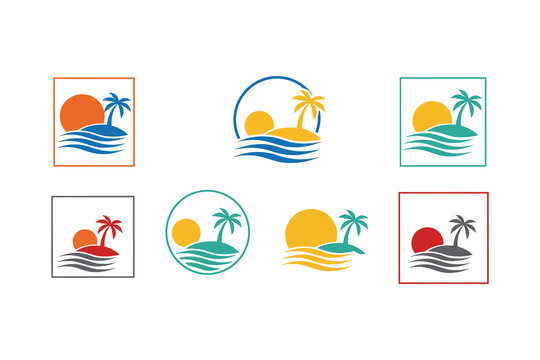 Collection of stylized tropical island sunset emblems and logos