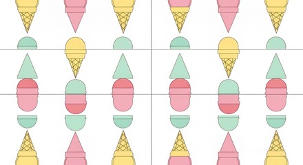 Fototapeta premium Seamless Pattern of Pastel Ice Cream Cones and Scoops on White Background.