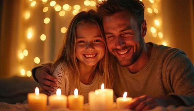 Father and daughter smile near glowing candles and festive lights. They share a warm hug, enjoying a cozy, happy moment together. This image conveys family togetherness and joy. - Powered by Adobe