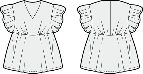 Women’s short ruffle sleeve dress flat fashion vector with V-neck, gathered waist, and flared hem — apparel CAD design