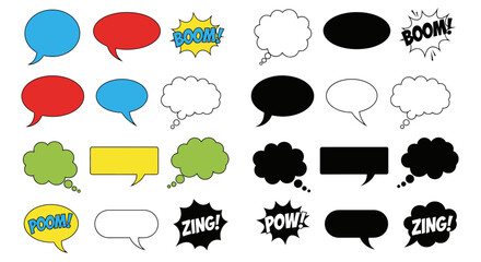 A collection of colorful and black and white comic speech bubbles and bursts