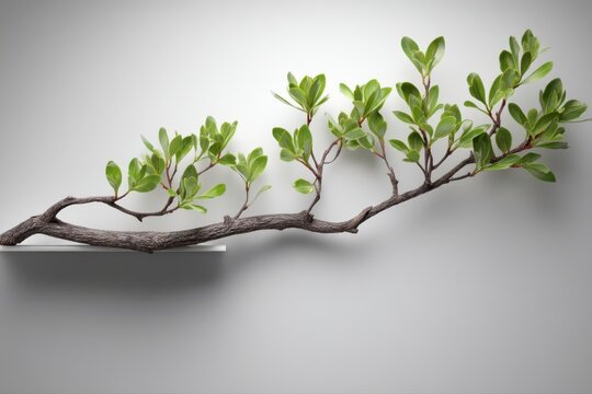 A solitary evergreen branch against a blank canvas, bright ambient lighting, spacious layout, evoking a sense of tranquility and simplicity