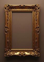 Ornate antique gold picture frame with floral carvings on brown background graphic isolated on a transparent background
