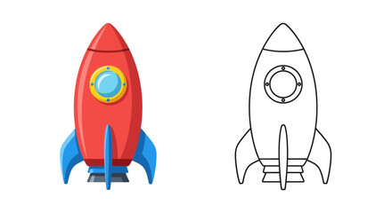 Colorful rocket and its outline drawing side by side a simple illustration