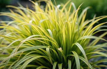Obraz premium Close up photo of the Hakonechloa macra Aureola grass. The Japanese forest grass shows green and yellow leaves. Plant grows in garden. This photo details nature.