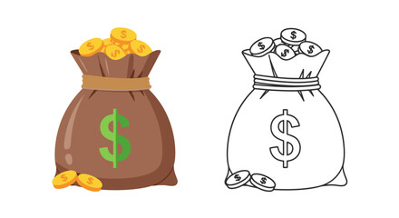 Colorful and outlined bags of money with gold coins a wealth illustration