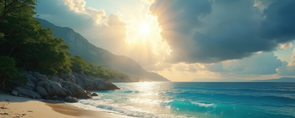Idyllic coastal scene with crystal clear blue ocean waves hitting sandy shore. Rich green mountains under stunning cloudy sky. Sunlight reflects on water surface. Perfect summer vacation setting.