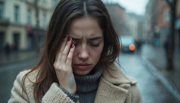 Upset young woman cries on gloomy city street experiencing deep emotional pain. Sad female feels despair, heartache, distress from problems. Lonely girl suffers from stress, anxiety, depression, - Powered by Adobe