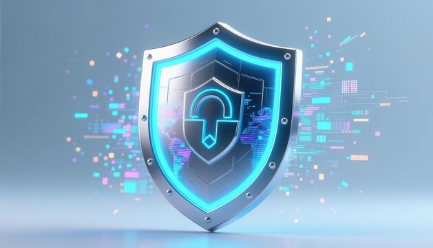 cyber privacy rights padlock security concept. Futuristic shield with digital elements representing cybersecurity.