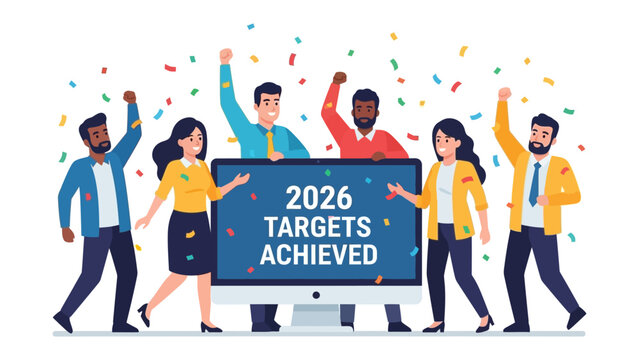 Digital Celebration of Goals: A vibrant group of colleagues celebrates the successful achievement of 2026 targets, a testament to their dedication and collaborative efforts.