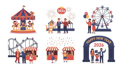 Naklejka premium Joyous New Year Celebration 2026: A vibrant illustration depicts a lively new year carnival setting in 2026, filled with festive cheer and joyful family moments.